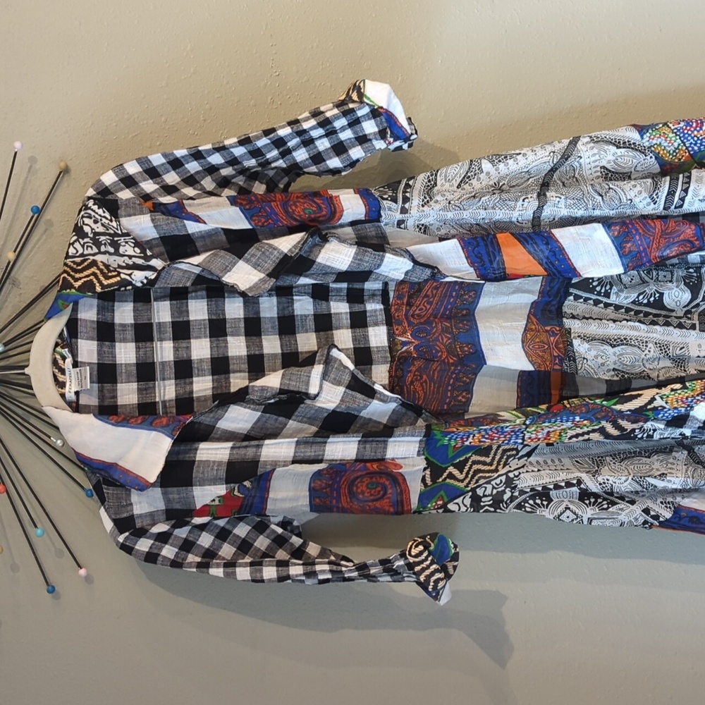 Patchwork Gingham Art To Wear Printed Colorful Open Front Light Weight Kimono - Picture 8 of 8